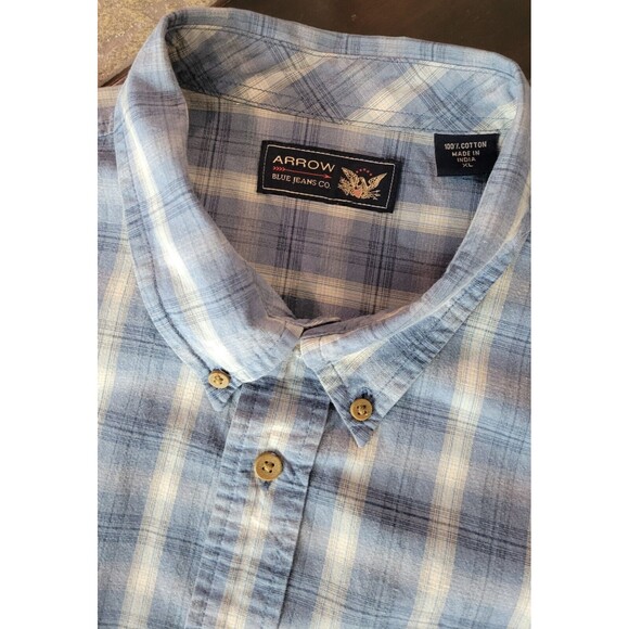 Arrow Shirt Mens Large Blue Check Button Down 100% Cotton Casual Short Sleeve - Picture 5 of 11
